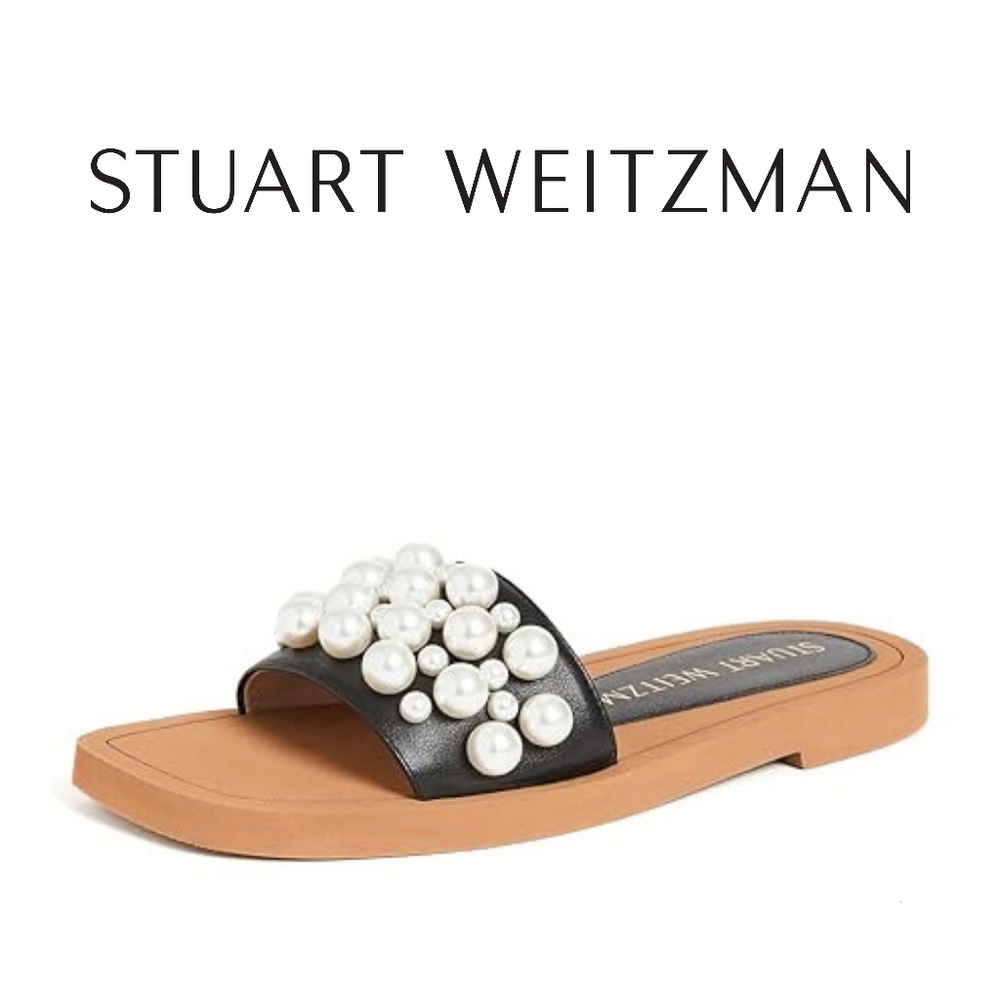 Stuart Weitzman Goldie Faux Pearl-Studded Leather Slides Size 9 Authentic - Picture 7 of 9
